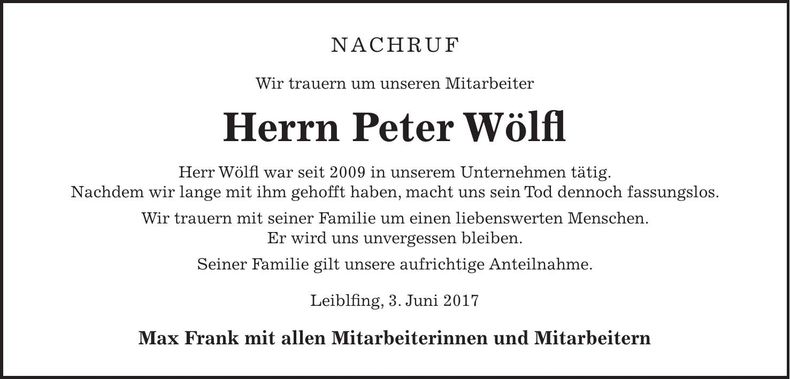 Traueranzeige Peter Wölfl