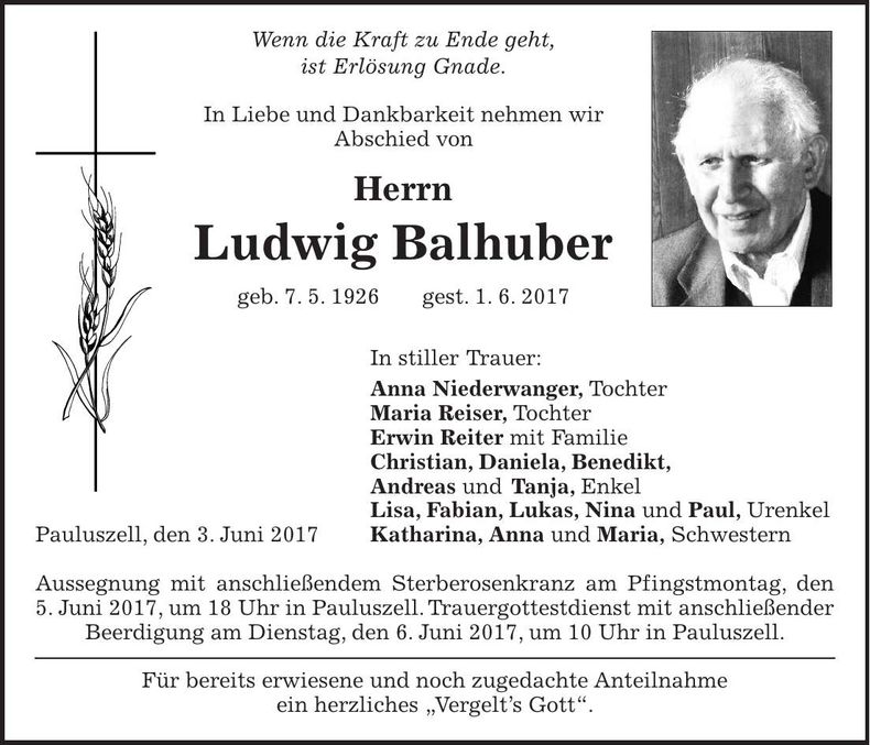 Traueranzeige Ludwig Balhuber