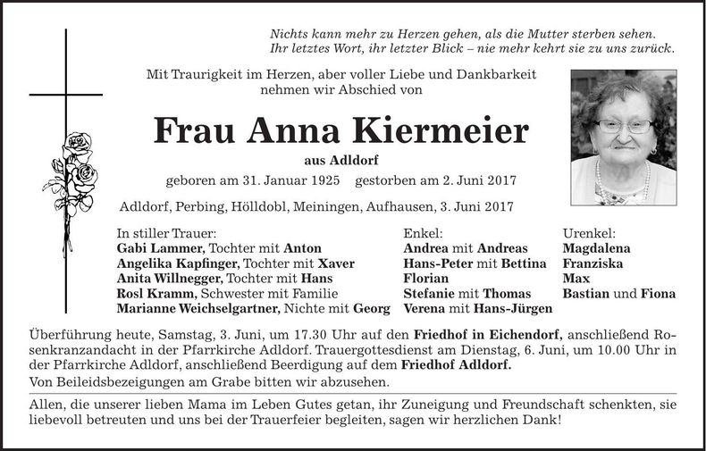 Traueranzeige Anna Kiermeier