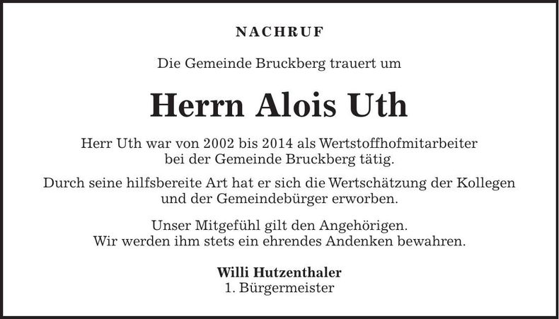 Traueranzeige Alois Uth