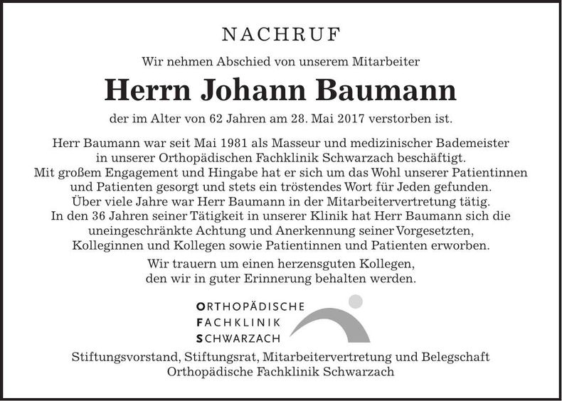 Traueranzeige Johann Baumann