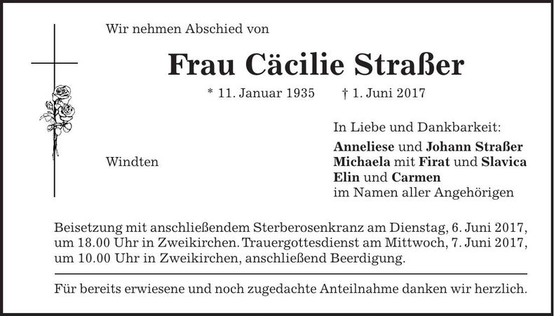 Traueranzeige Cäcilie Straßer