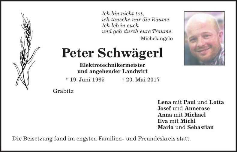 Traueranzeige Peter Schwägerl