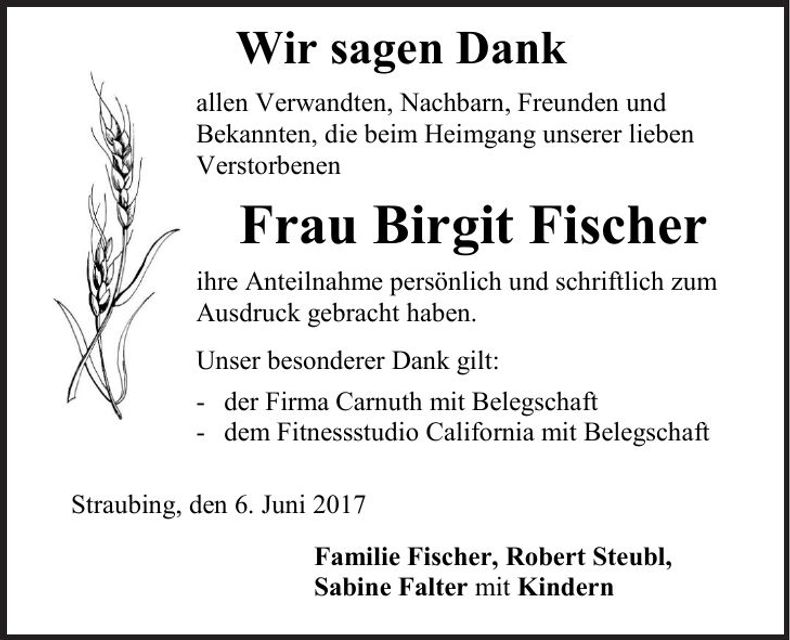 Traueranzeige Birgit Fischer
