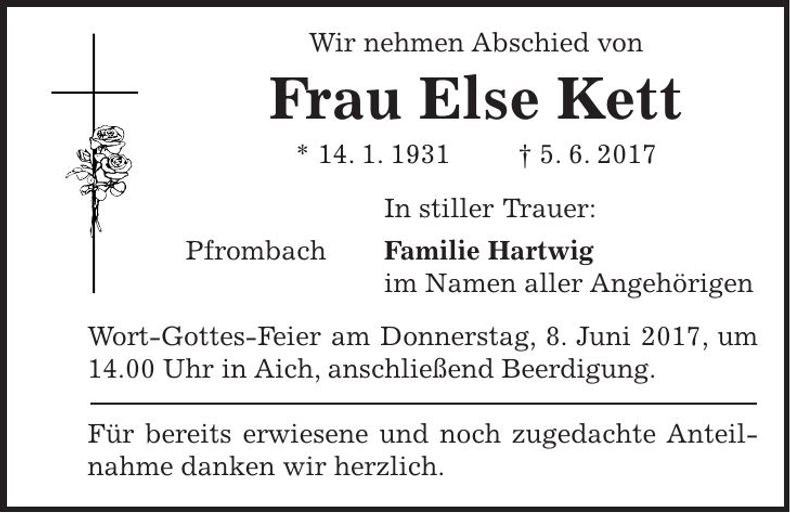 Traueranzeige Else Kett