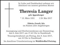 Traueranzeige Theresia Langer