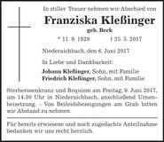 Traueranzeige Franziska Kleßinger