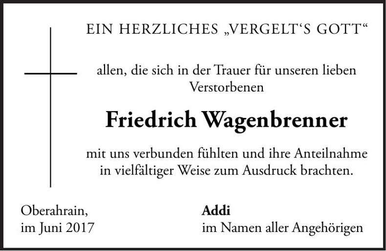 Traueranzeige Friedrich Wagenbrenner