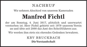 Traueranzeige Manfred Fichtl