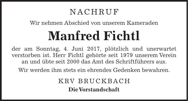 Traueranzeige Manfred Fichtl