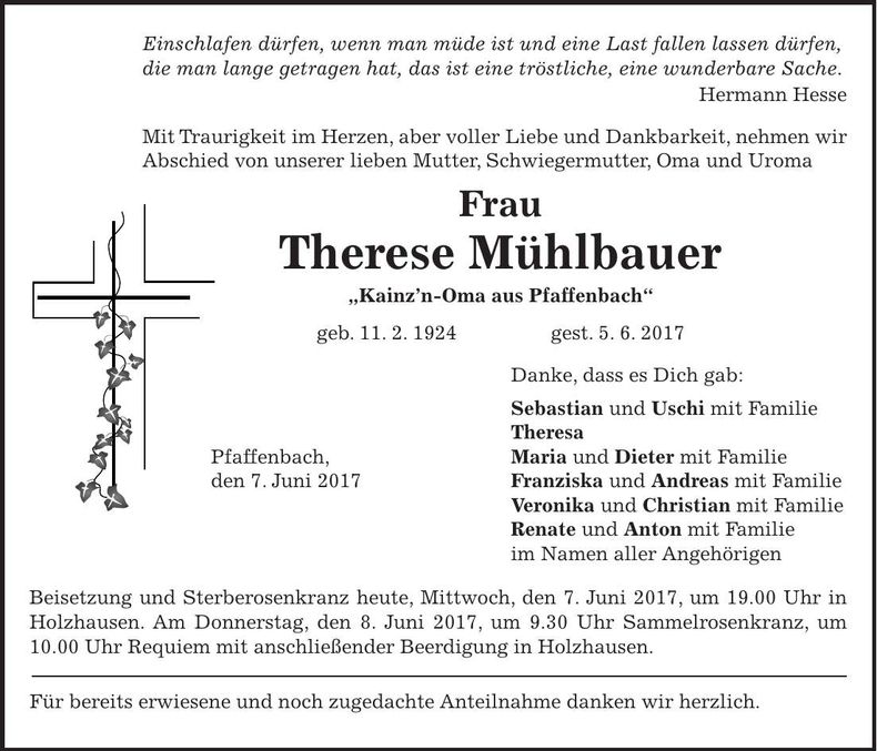 Traueranzeige Therese Mühlbauer