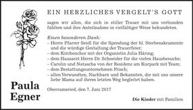 Traueranzeige Paula Egner