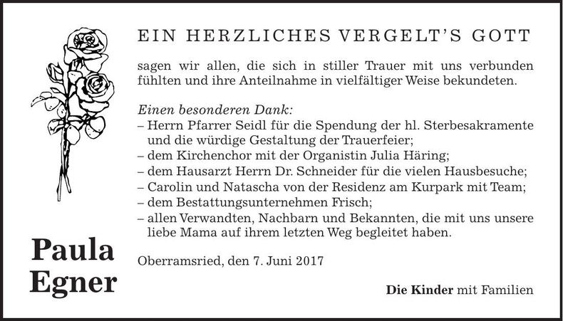 Traueranzeige Paula Egner