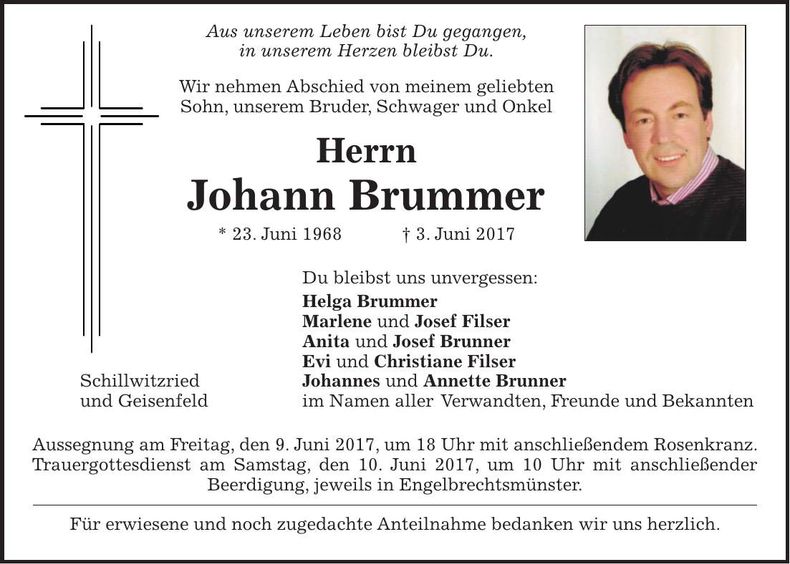Traueranzeige Johann Brummer