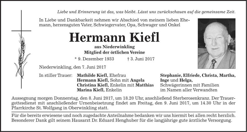 Traueranzeige Herrmann Kiefl