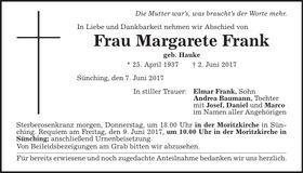 Traueranzeige Margarete Frank