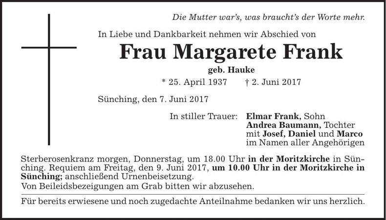 Traueranzeige Margarete Frank