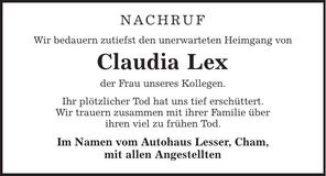 Traueranzeige Claudia Lex