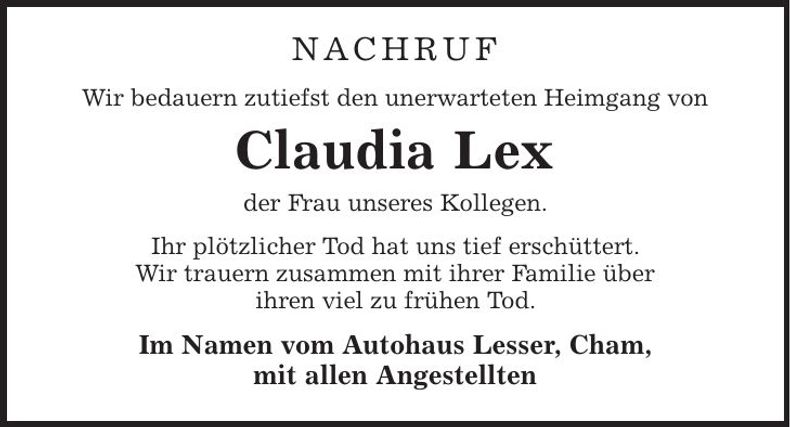 Traueranzeige Claudia Lex