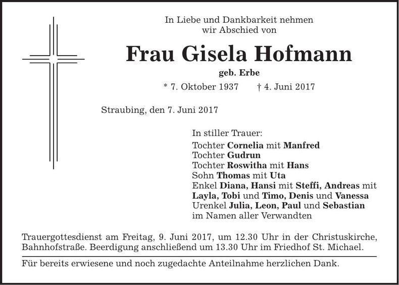 Traueranzeige Gisela Hofmann