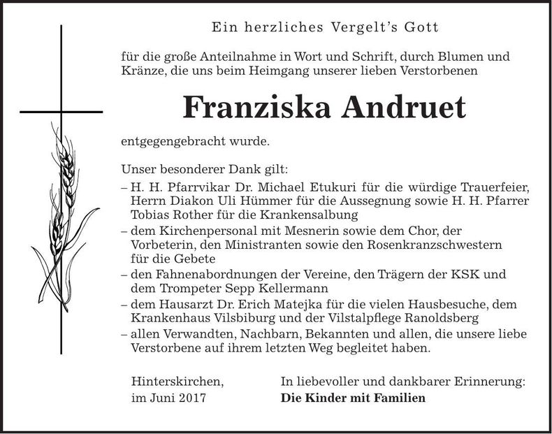 Traueranzeige Franziska Andruet