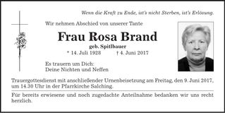 Traueranzeige Rosa Brand