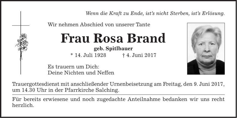 Traueranzeige Rosa Brand