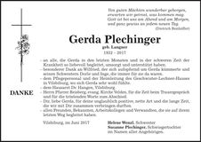 Traueranzeige Gerda Plechinger