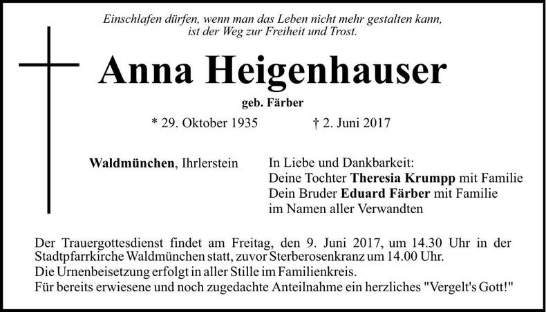 Traueranzeige Anna Heigenhauser