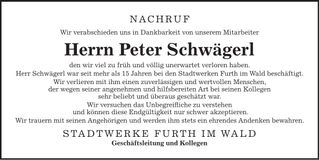 Traueranzeige Peter Schwägerl