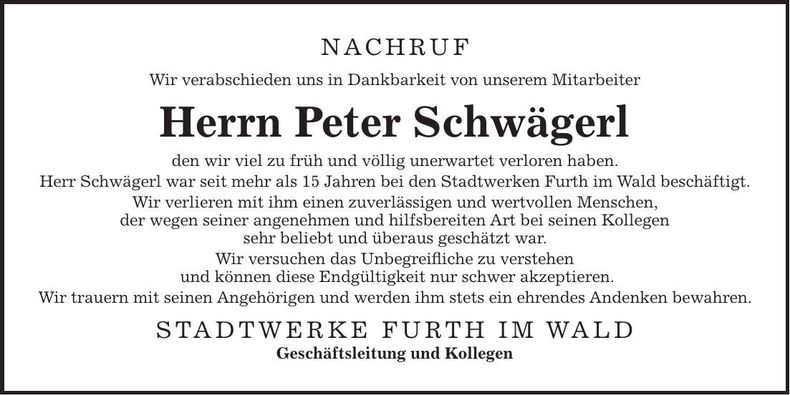 Traueranzeige Peter Schwägerl