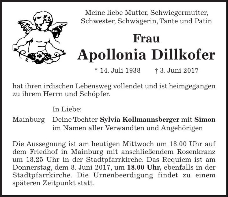 Traueranzeige Apollonia Dillkofer