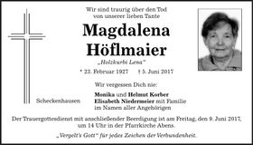 Traueranzeige Magdalena Höflmaier
