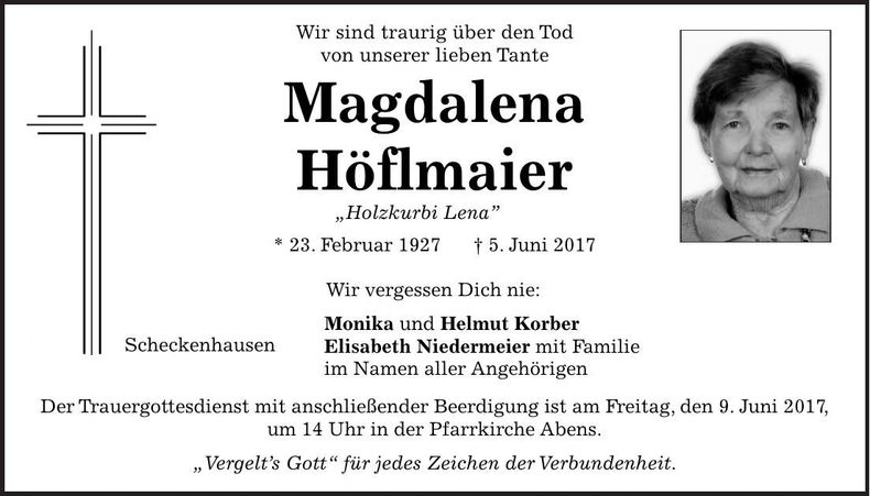 Traueranzeige Magdalena Höflmaier