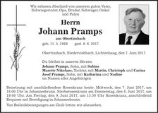 Traueranzeige Johann Pramps