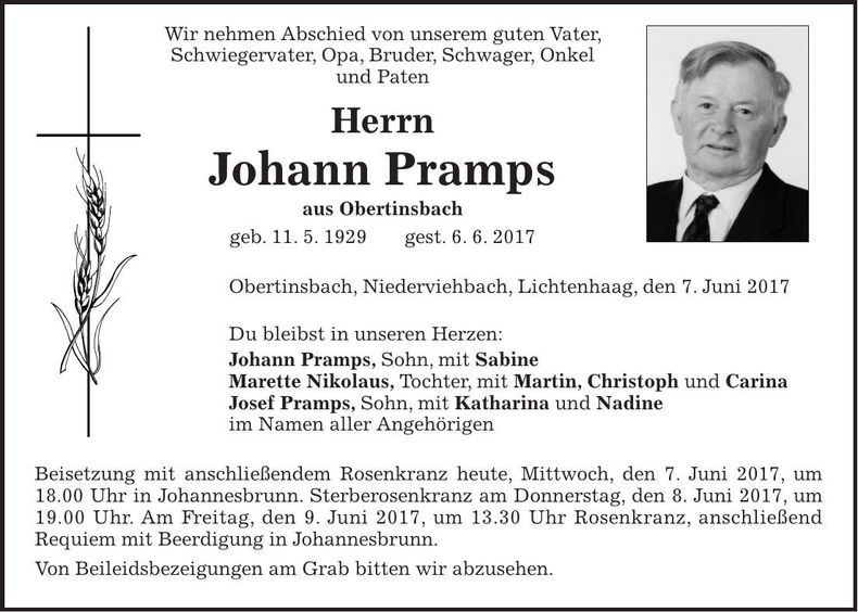 Traueranzeige Johann Pramps