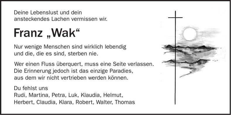 Traueranzeige "Wak" Franz