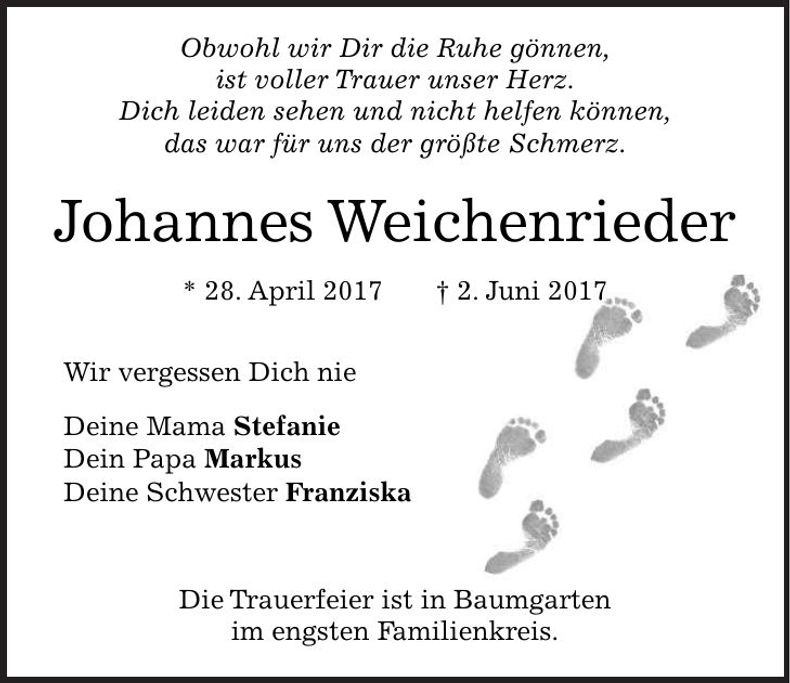 Traueranzeige Johannes Weichenrieder