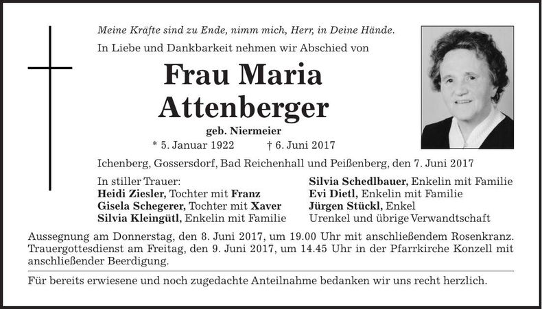 Traueranzeige Maria Attenberger