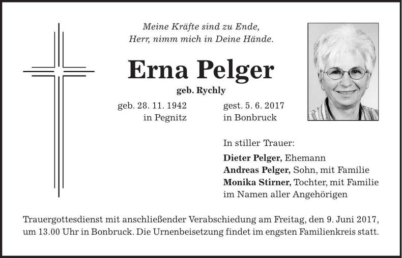 Traueranzeige Erna Pelger