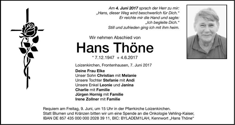 Traueranzeige Hans Thöne