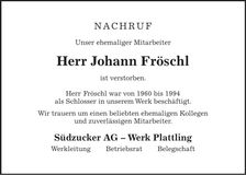 Traueranzeige Johann Fröschl