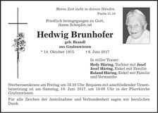 Traueranzeige Hedwig Brunhofer