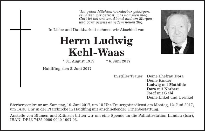 Traueranzeige Ludwig Kehl-Waas