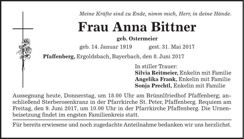 Traueranzeige Anna Bittner