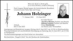 Traueranzeige Johann Holzinger