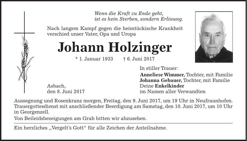 Traueranzeige Johann Holzinger