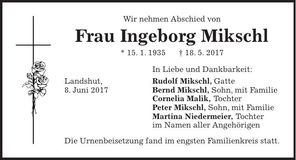 Traueranzeige Ingeborg Mikschl
