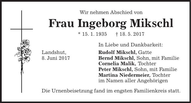 Traueranzeige Ingeborg Mikschl
