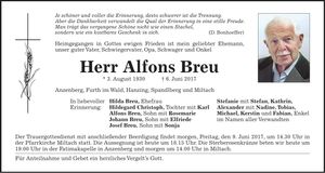 Traueranzeige Alfons Breu